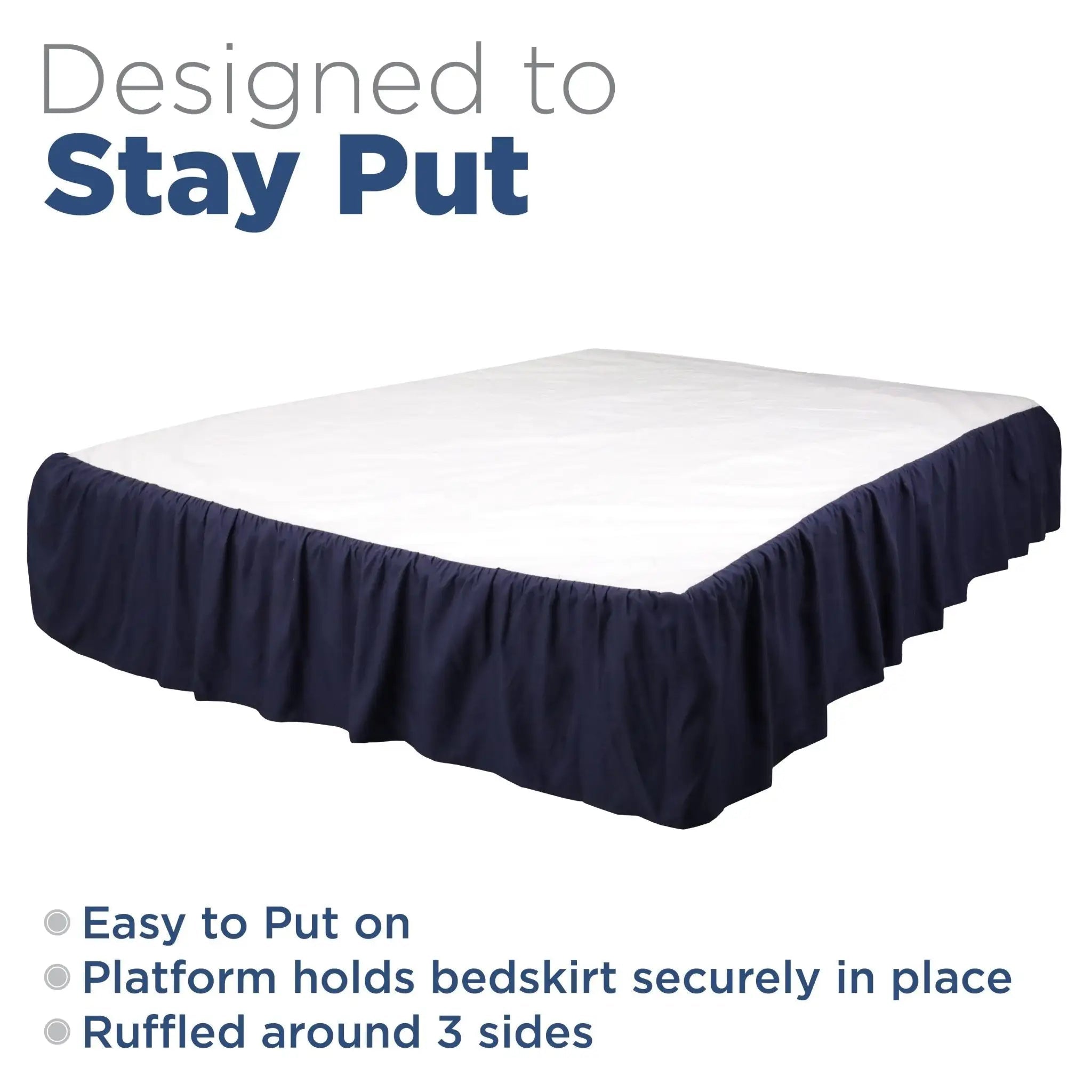 A bed skirt in navy shown on a bed with a white mattress, with text reading 'Designed to Stay Put' and feature bullet points on a white background.