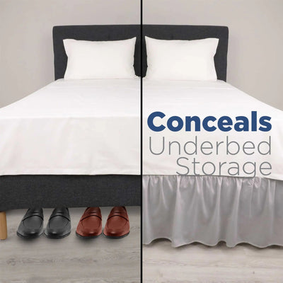 Bed with white fitted sheet and grey skirt, showing underbed storage solution.