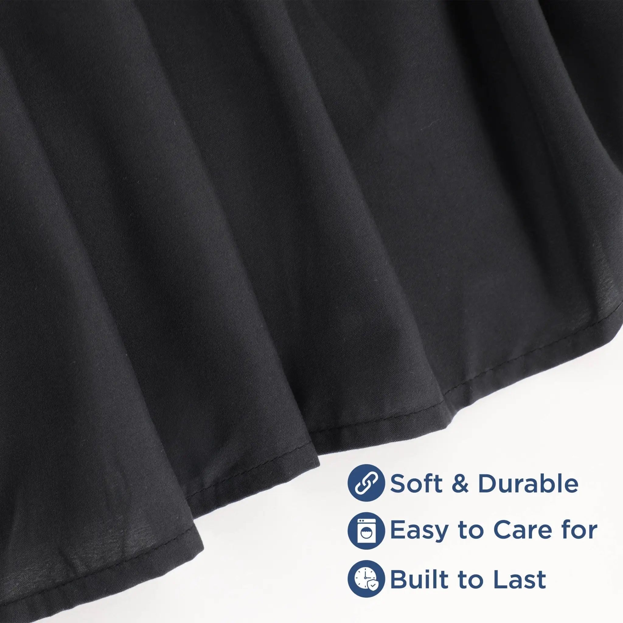 Close-up of black fabric with text indicating features on a white background