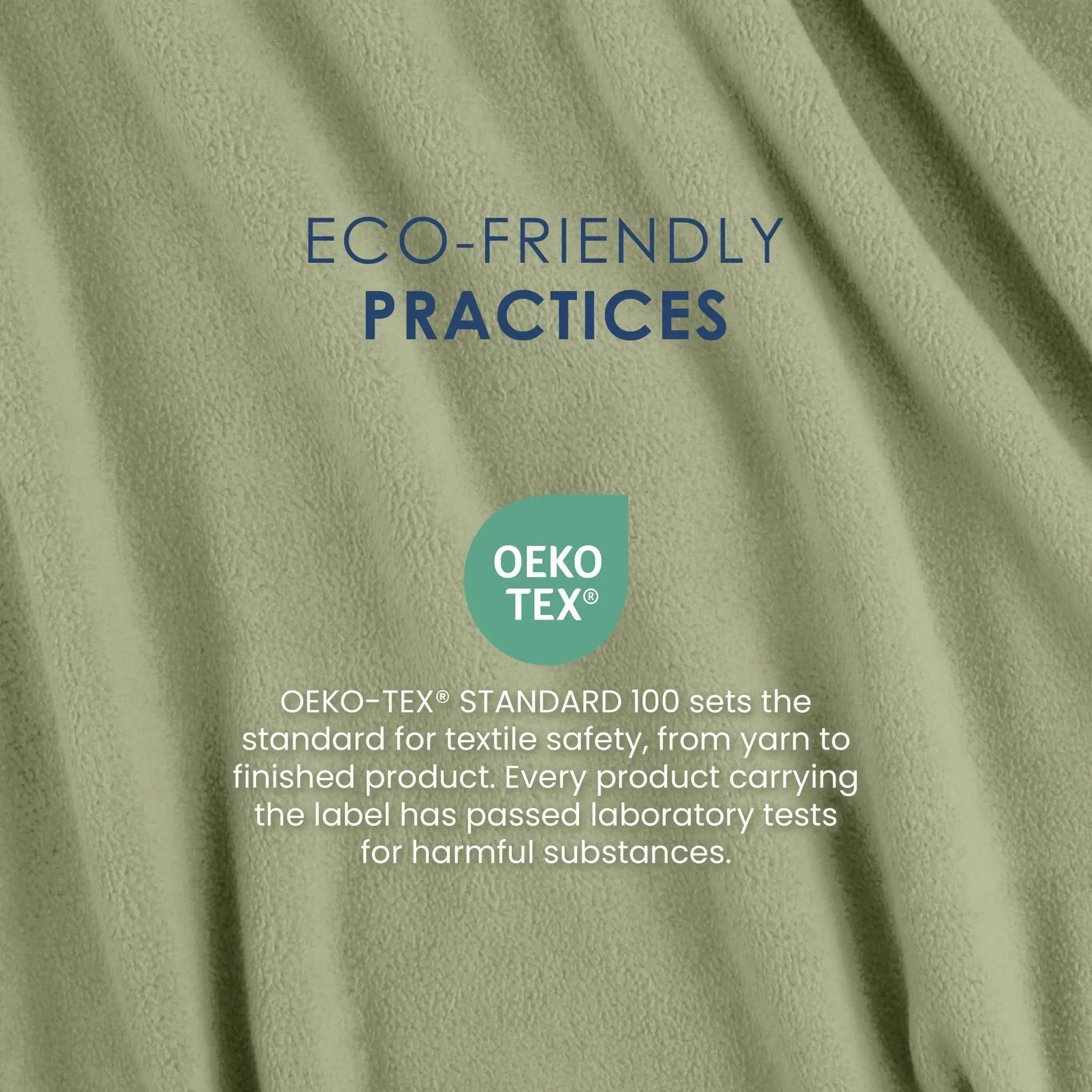Green fabric with OEKO-TEX certification label on a green background
