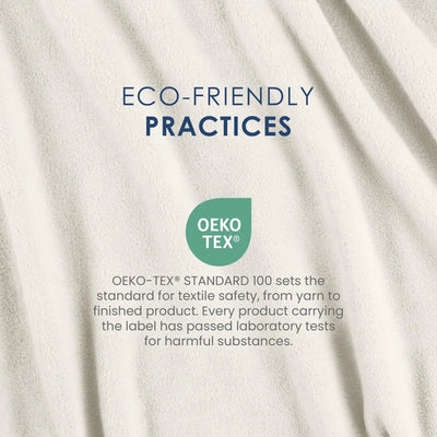 Text on a textured ivory fabric background reading 'ECO-FRIENDLY PRACTICES' with an OEKO-TEX logo and a short statement about textile safety.
