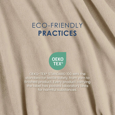 A close-up of beige textured fabric with draped folds, overlaid with the text 'ECO-FRIENDLY PRACTICES' and an OEKO-TEX logo with explanatory text about textile safety.