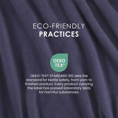 Navy textured fabric background with white text reading 'ECO-FRIENDLY PRACTICES' and a green circular 'OEKO TEX' logo and supporting text about textile safety.