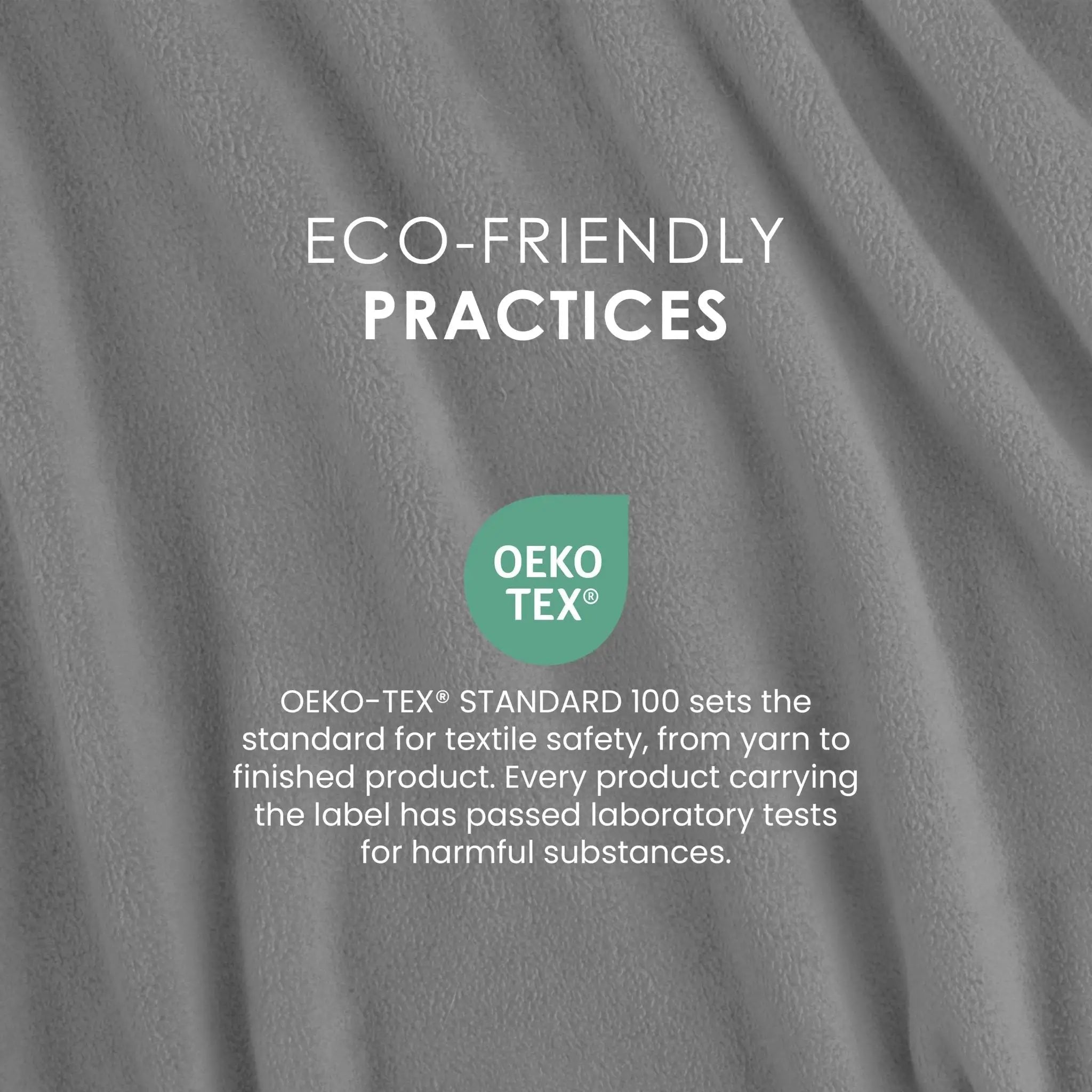 A close-up of gray textured fabric with printed text reading 'ECO-FRIENDLY PRACTICES' and a teal OEKO-TEX logo, plus smaller text about textile safety.