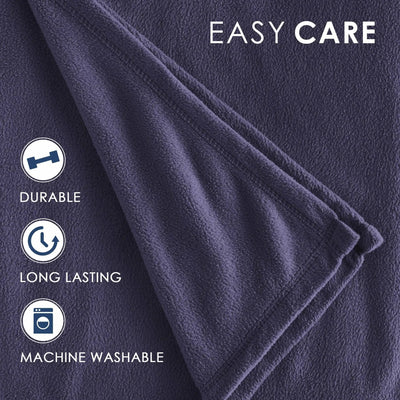 A close-up of a folded navy color, with 'EASY CARE' text at the top and three feature icons on the left reading 'DURABLE', 'LONG LASTING', and 'MACHINE WASHABLE'.
