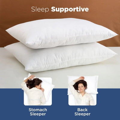 Two white pillows stacked on a bed, with the text 'Sleep Supportive' at the top. Two small inset photos at the bottom show sleeping positions labeled 'Stomach Sleeper' and 'Back Sleeper' on a blue background.