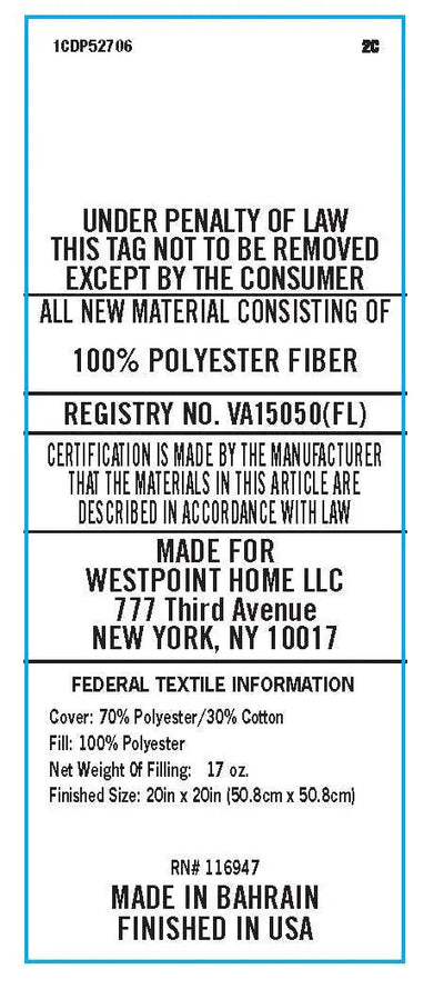 A white rectangular fabric law label with black text and a thin blue border, showing product details.