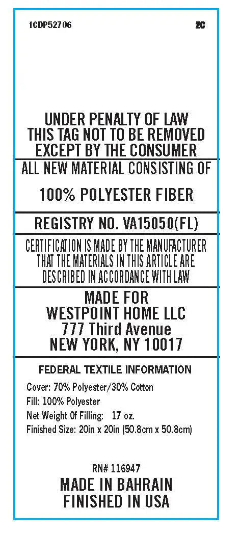 A white rectangular fabric law label with black text and a thin blue border, showing product details.