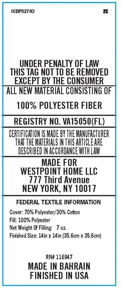 A white rectangular fabric law label with black text and a thin blue border, showing product details.