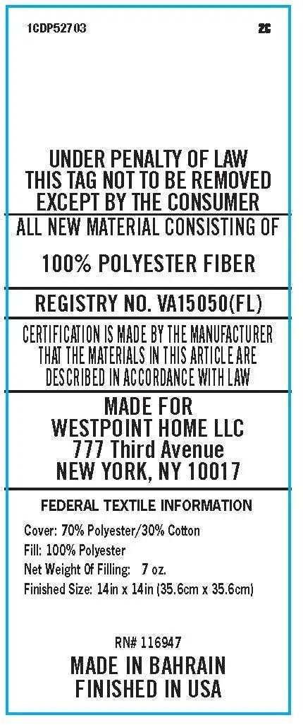 A white rectangular fabric law label with black text and a thin blue border, showing product details.
