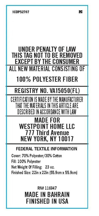 A white rectangular fabric law label with black text and a thin blue border, showing product details.