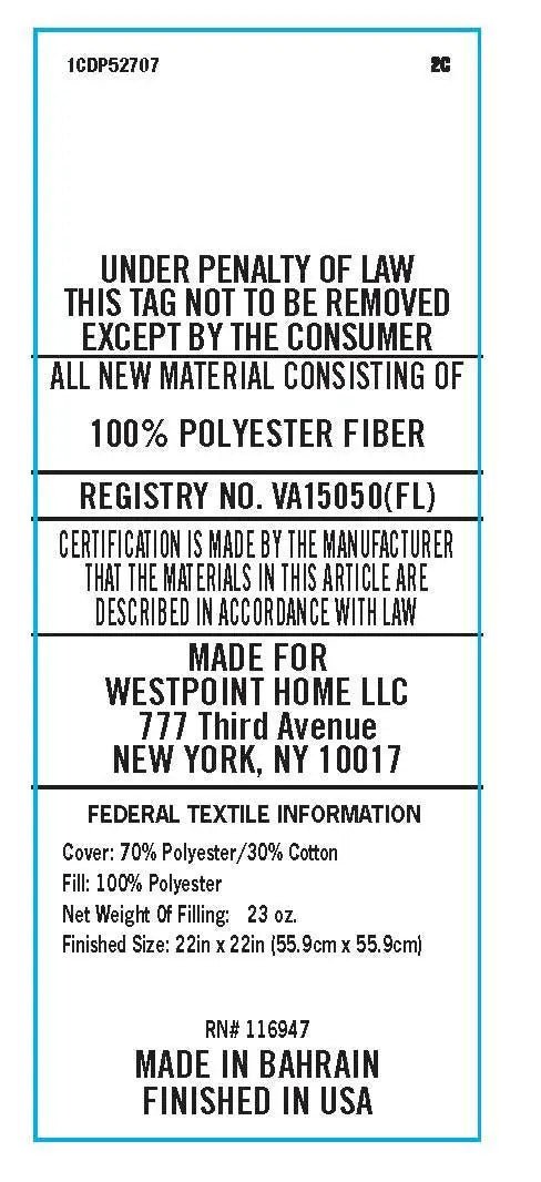 A white rectangular fabric law label with black text and a thin blue border, showing product details.