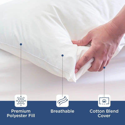Hand holding a pillow with text indicating features like premium polyester fill, breathable material, and cotton blend cover.