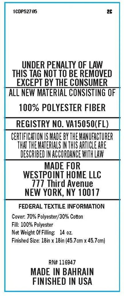 A white rectangular fabric law label with black text and a thin blue border, showing product details.