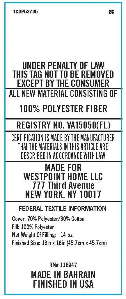 A white rectangular fabric law label with black text and a thin blue border, showing product details.