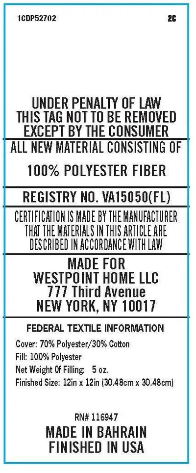 A white rectangular fabric law label with black text and a thin blue border, showing product details.