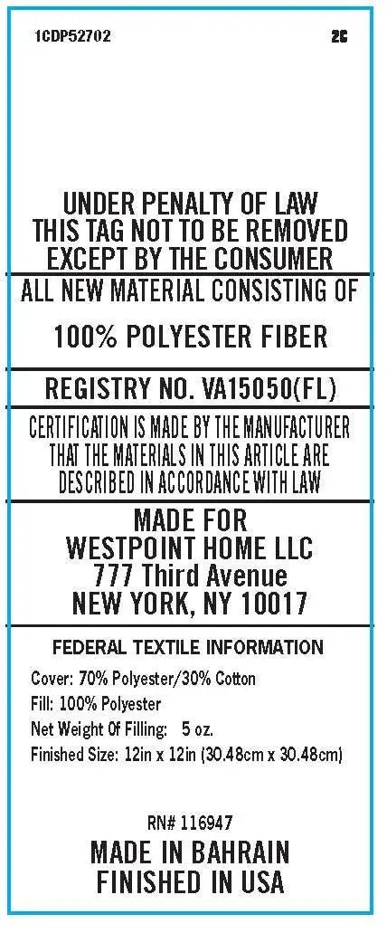 A white rectangular fabric law label with black text and a thin blue border, showing product details.