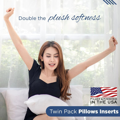 Woman sitting on a couch with pillows, text about plush softness and USA manufacturing, American flag icon.