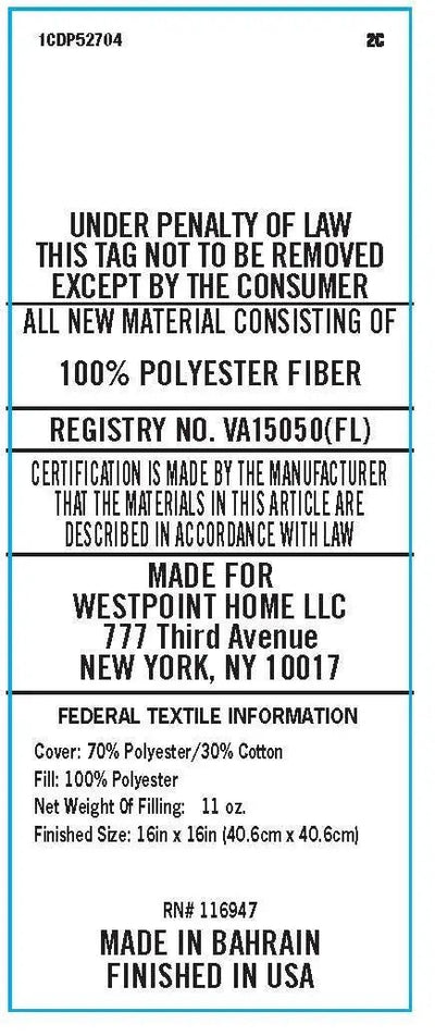 A white rectangular fabric law label with black text and a thin blue border, showing product details.