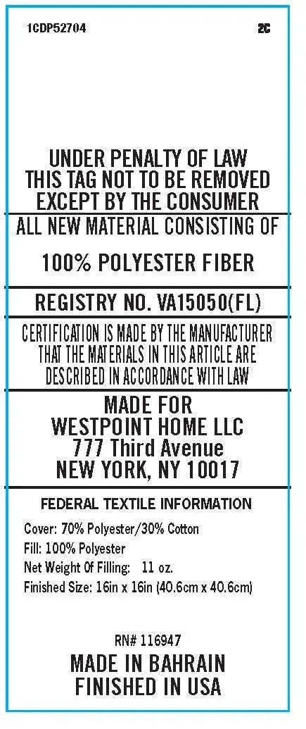 A white rectangular fabric law label with black text and a thin blue border, showing product details.