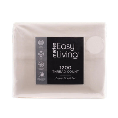 A packaged Queen Sheet Set by matex Easy Living, featuring a black label with white text on a light beige sheet, sealed in clear plastic against a white background.