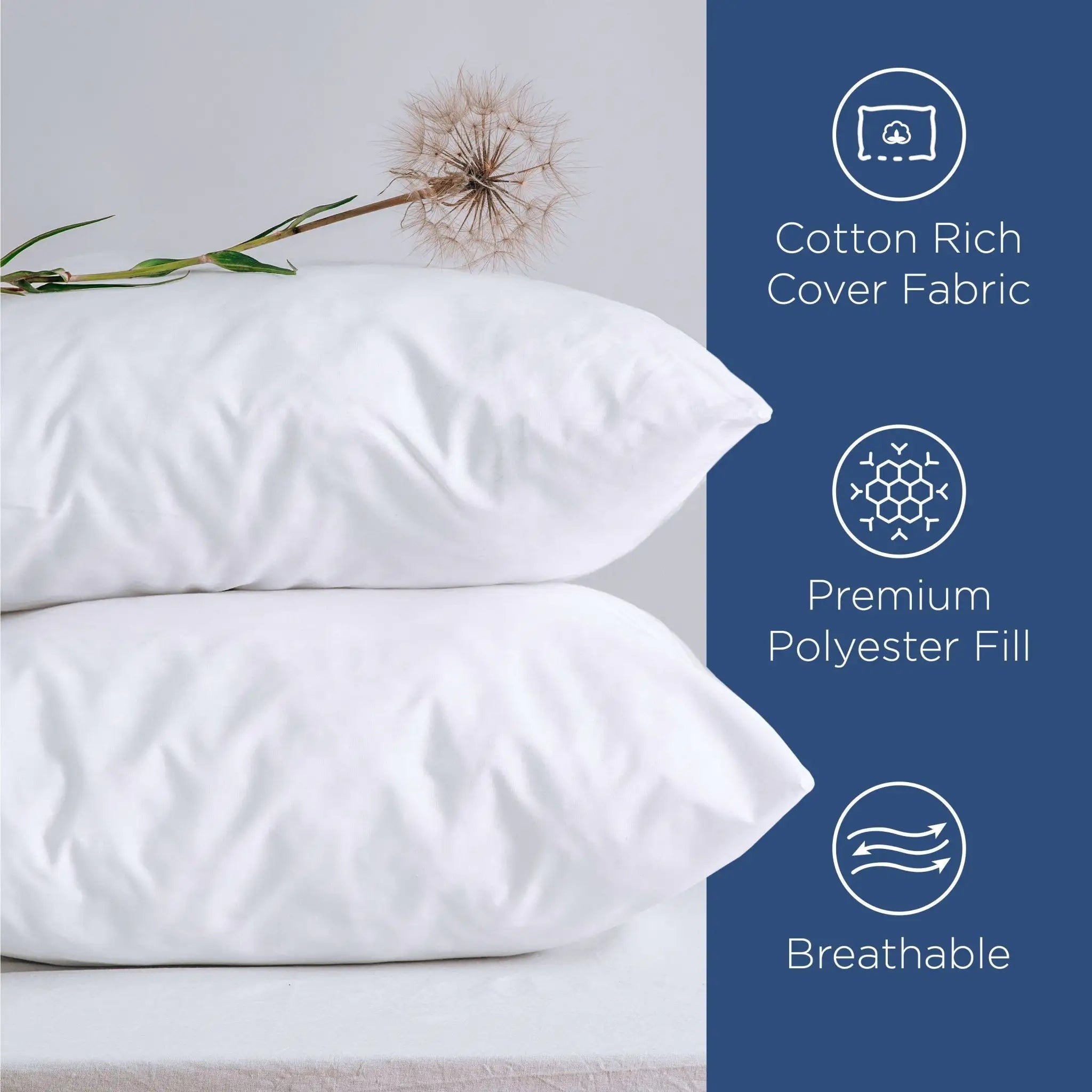 Two white pillows stacked on a bed with a dandelion stem, next to a dark blue vertical panel with text reading 'Cotton Rich Cover Fabric,' 'Premium Polyester Fill,' and 'Breathable.'.