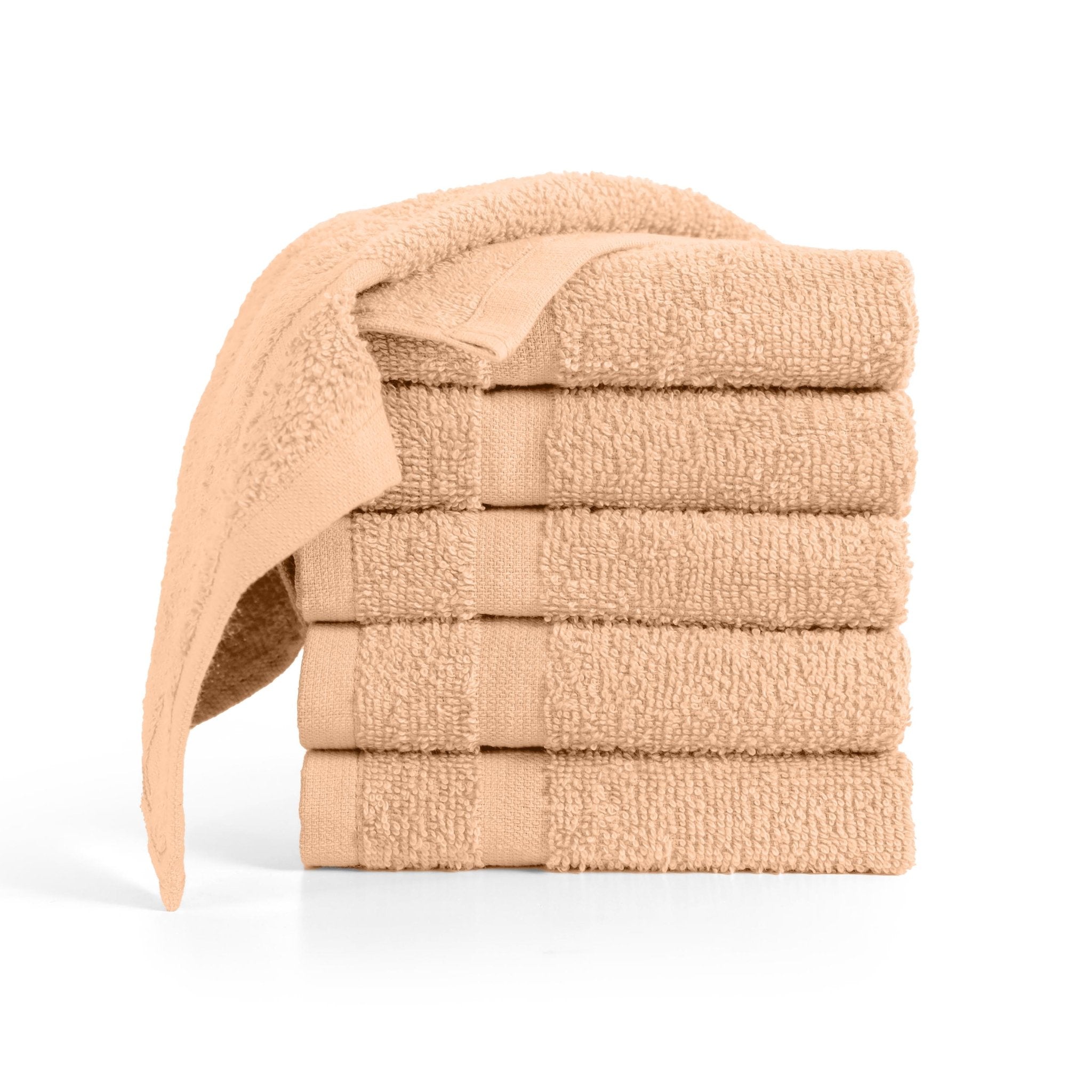 Stack of peach washcloth on a white background