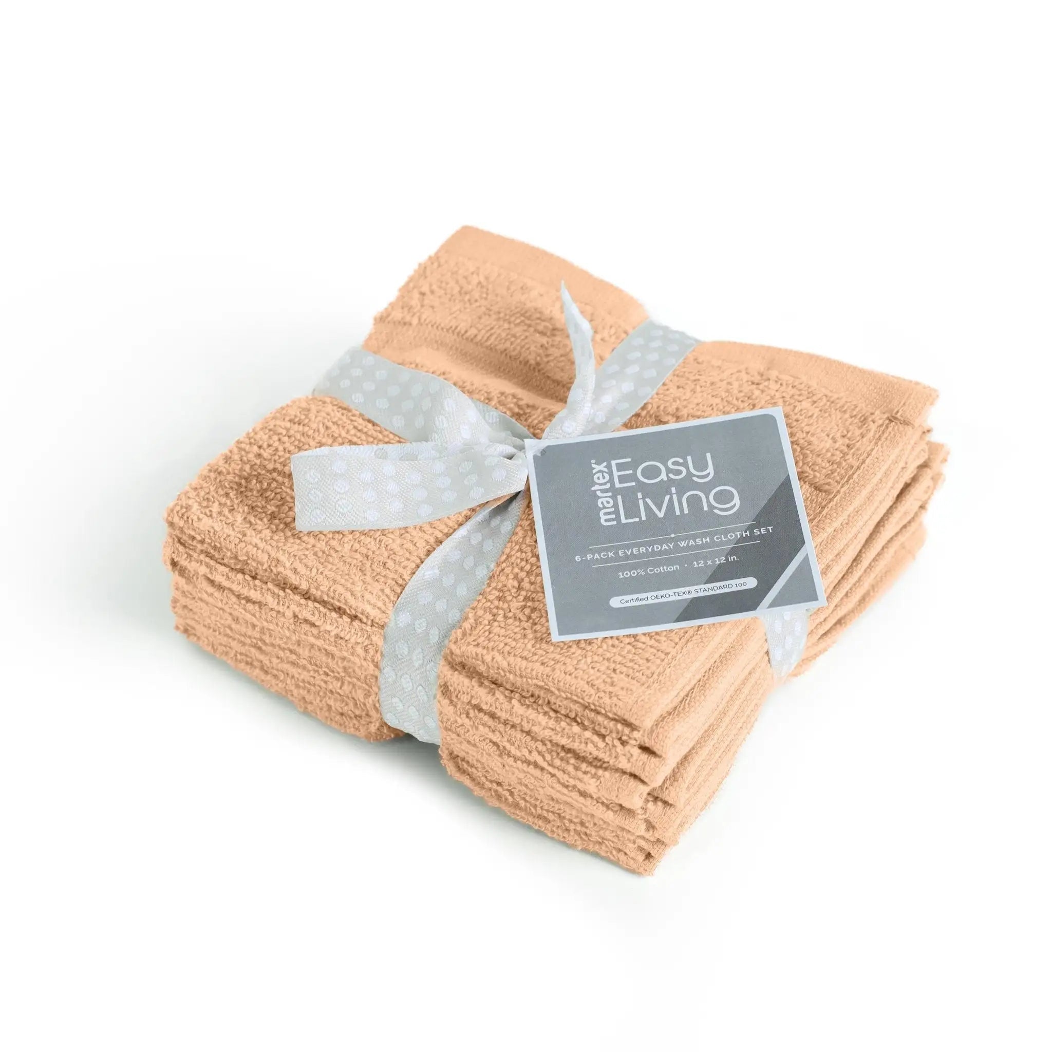 Set of peach-colored washcloths with a gray ribbon and 'Martex Easy Living' label on a white background
