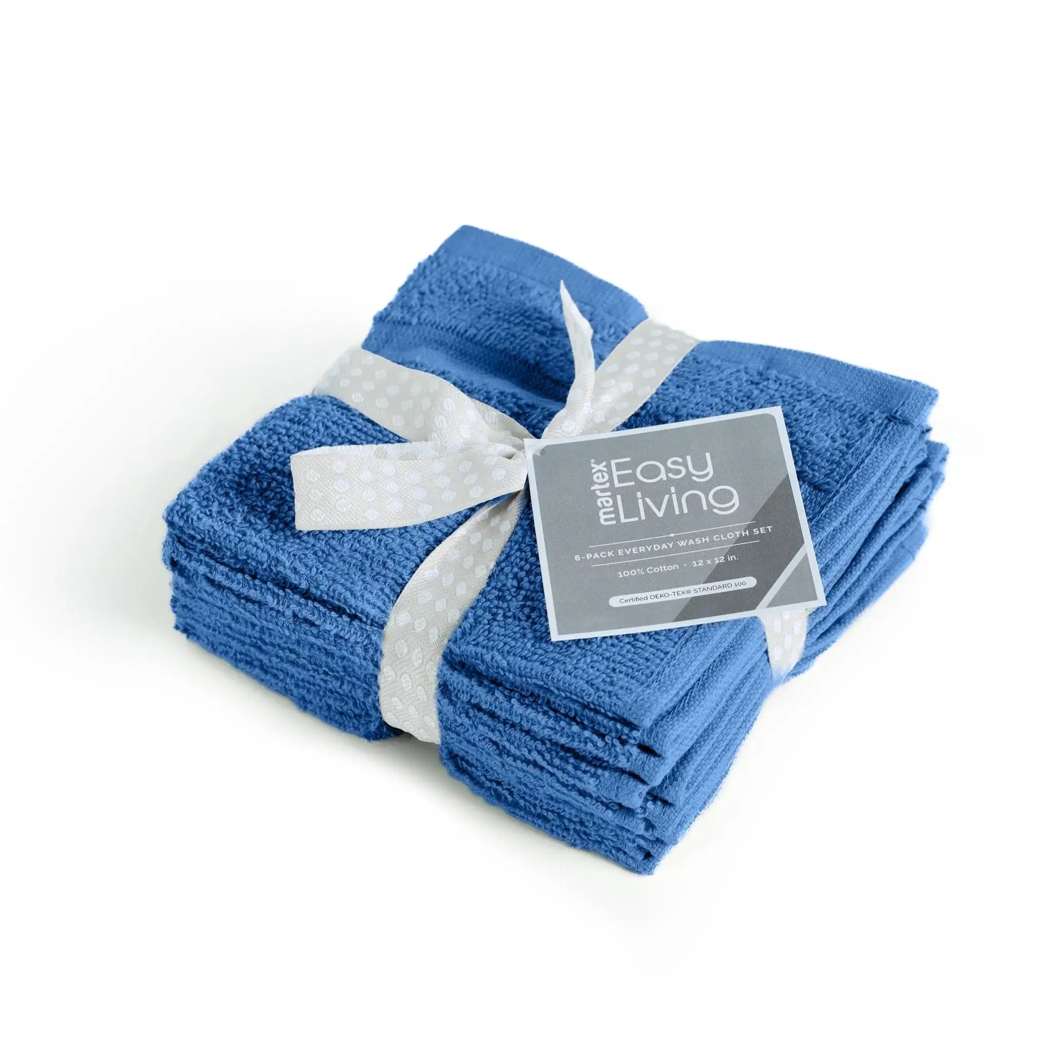 Set of blue washcloths with a white ribbon and 'Make Easy Living' label on a white background