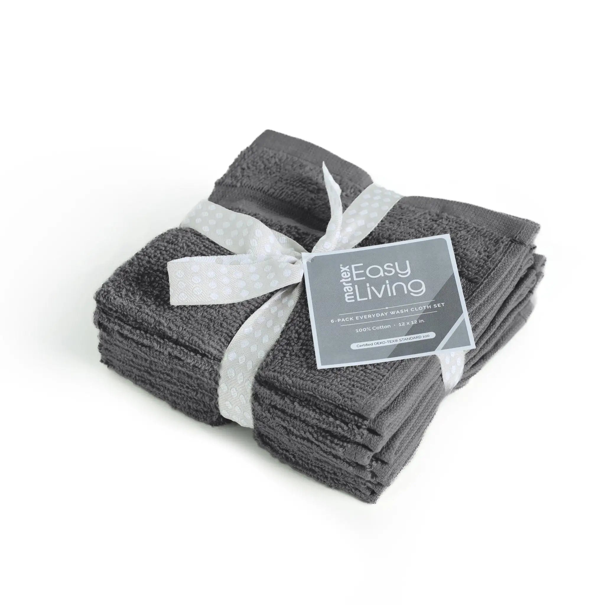 A set of four charcoal terry cloth washcloths wrapped in a white patterned ribbon with a product tag that reads 'Martex Easy Living'.
