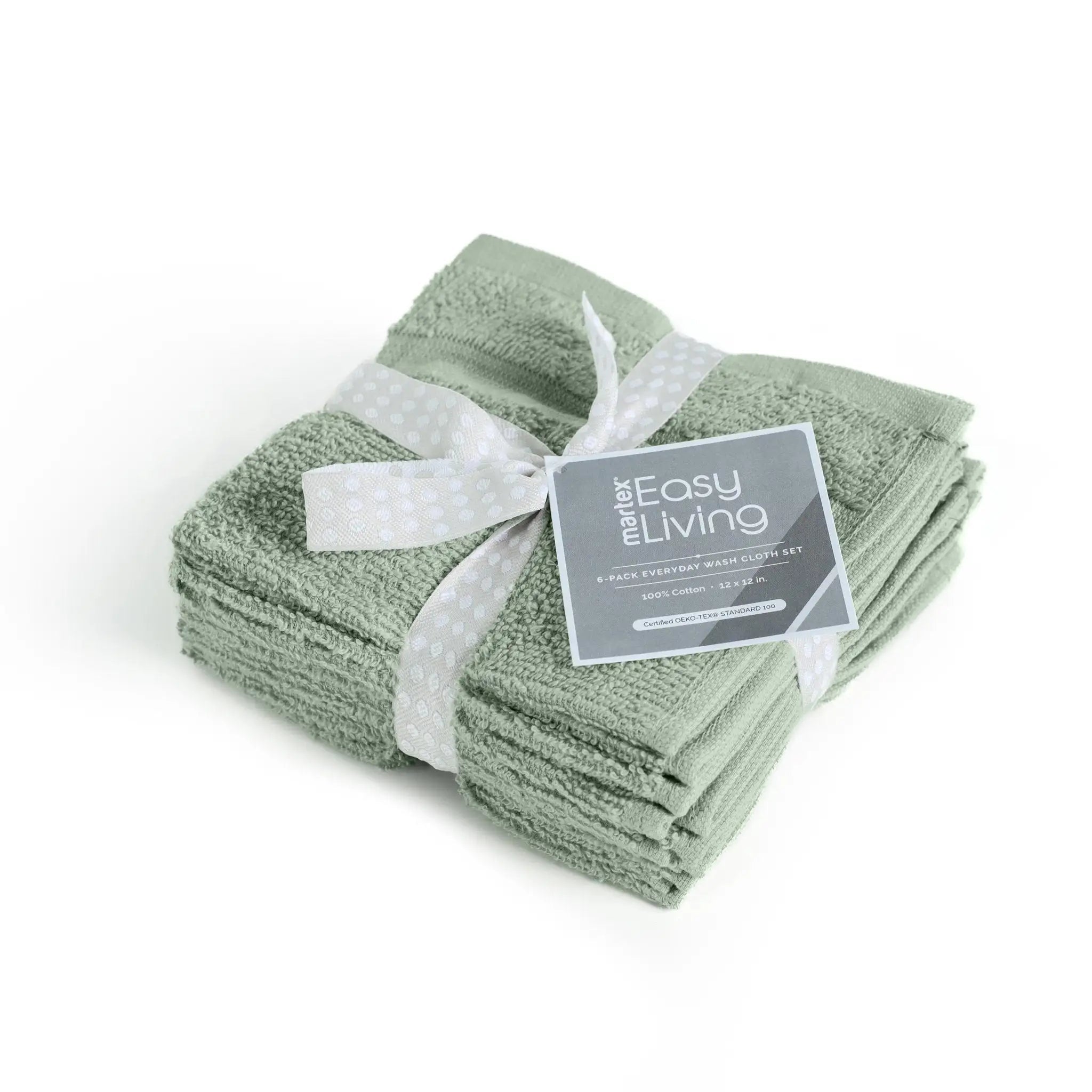 Set of folded sage washcloths with a white ribbon and 'Martex Easy Living' label on a white background