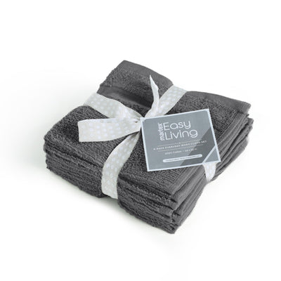 Set of folded charcoal washcloth with a white ribbon and 'Easy Living' label on a white background