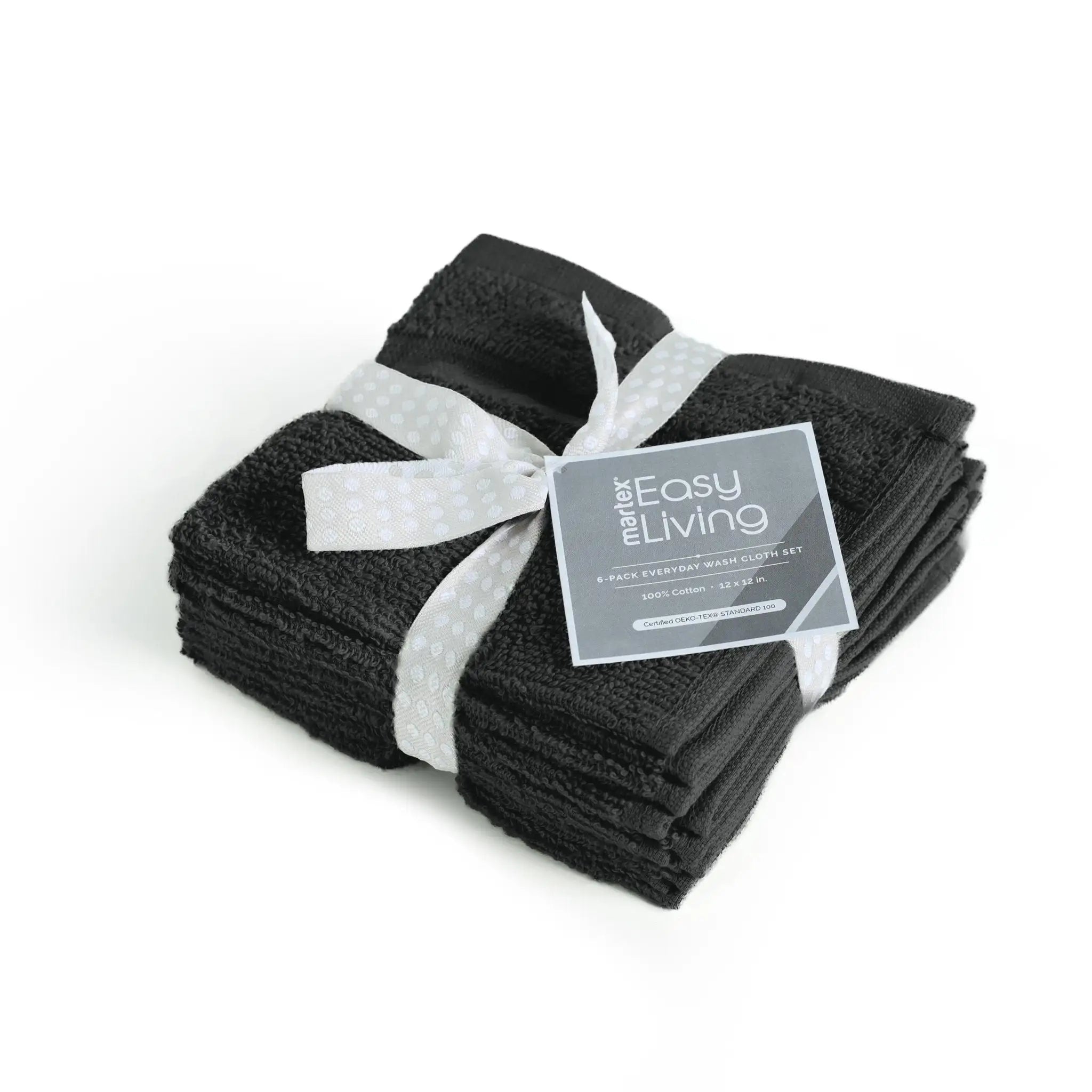 Stack of black washcloths with a white ribbon and 'Easy Living' label on a white background