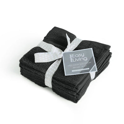 Stack of black washcloths with a white ribbon and 'Easy Living' label on a white background