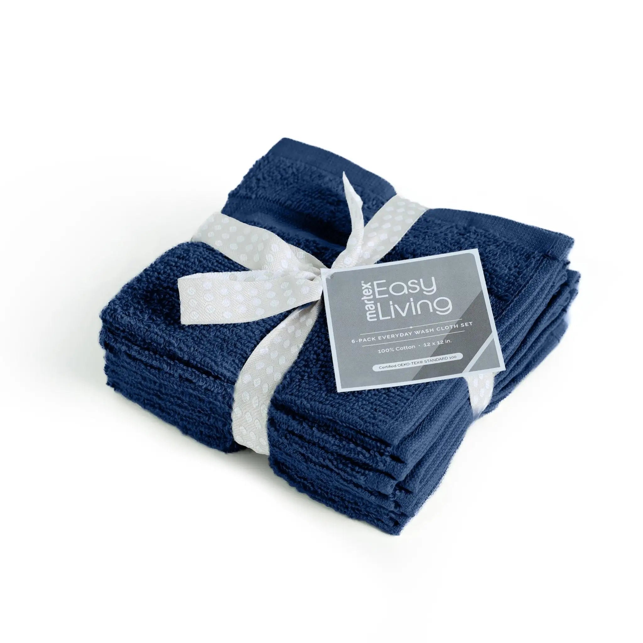 Stack of navy washcloths with a white ribbon and 'Martex Easy Living' label on a white background