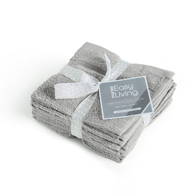 Set of folded grey washcloth with a white ribbon and 'Easy Living' label on a white background