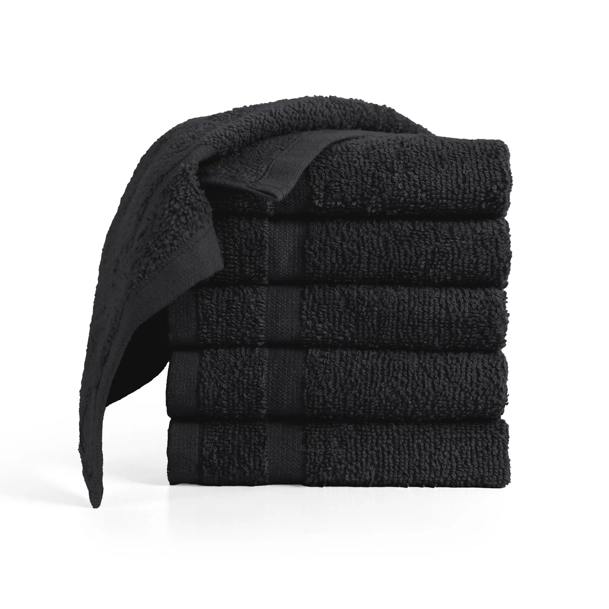 Stack of black washcloths on a white background