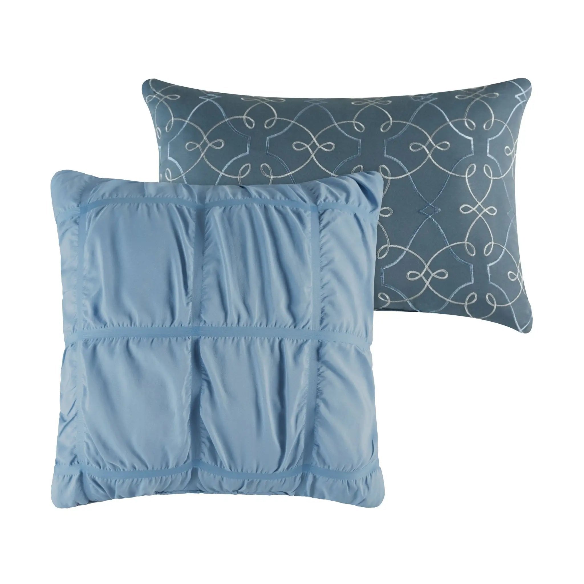 Two decorative pillows, one blue with ruffled edges and the other with a subtle pattern, on a white background.