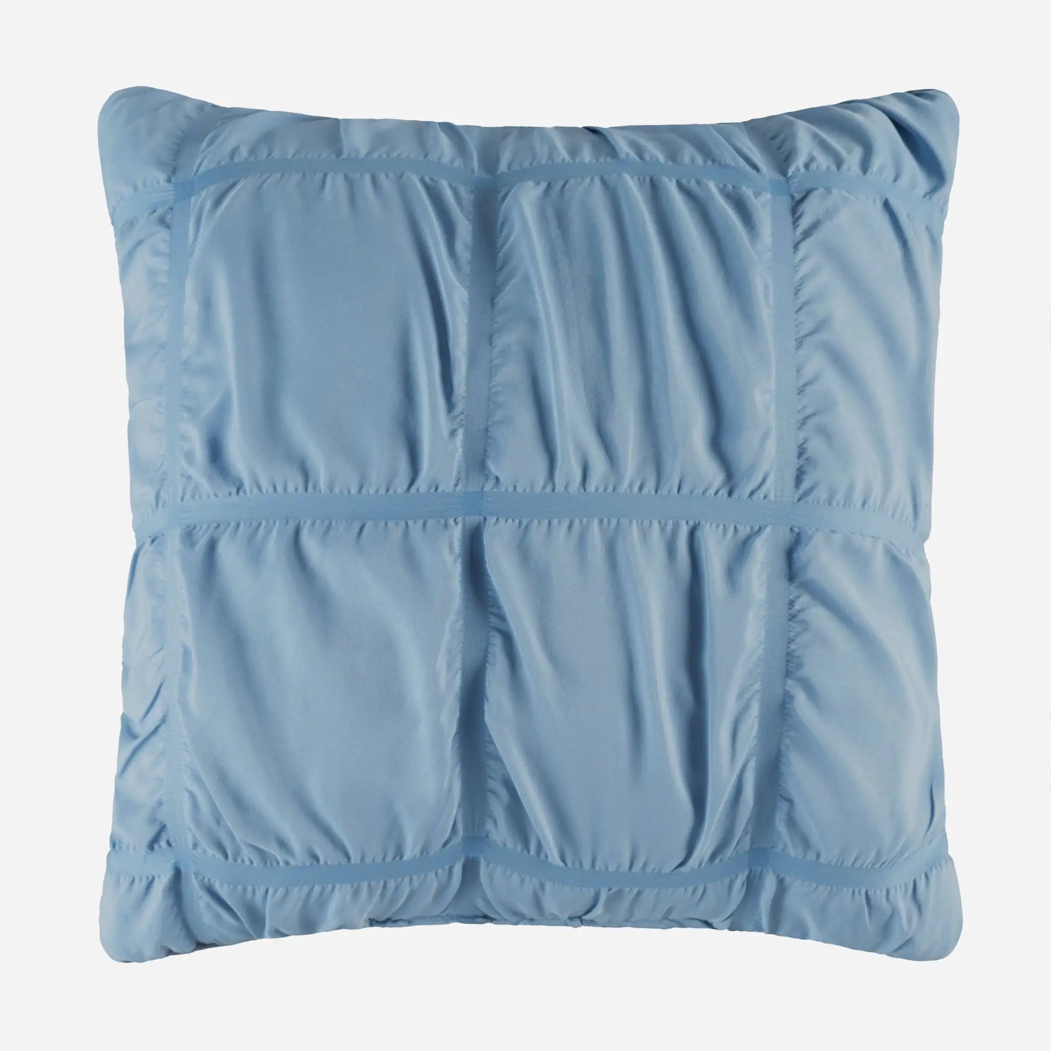 A square light blue quilted throw pillow with a padded grid design, shown against a plain white background.