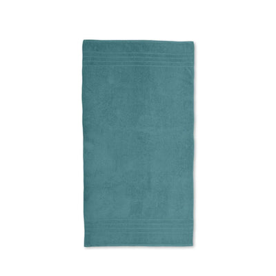Larkspur Teal towel laid flat on a white background