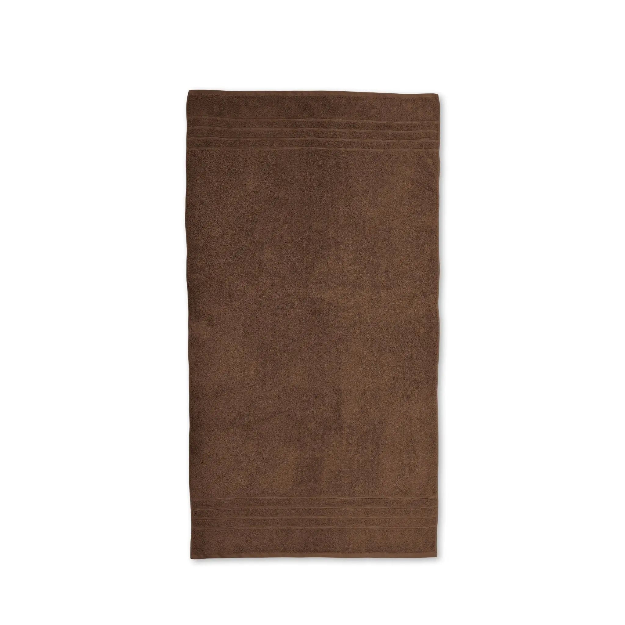 A chocolate-colored bath towel shown flat against a plain white background.