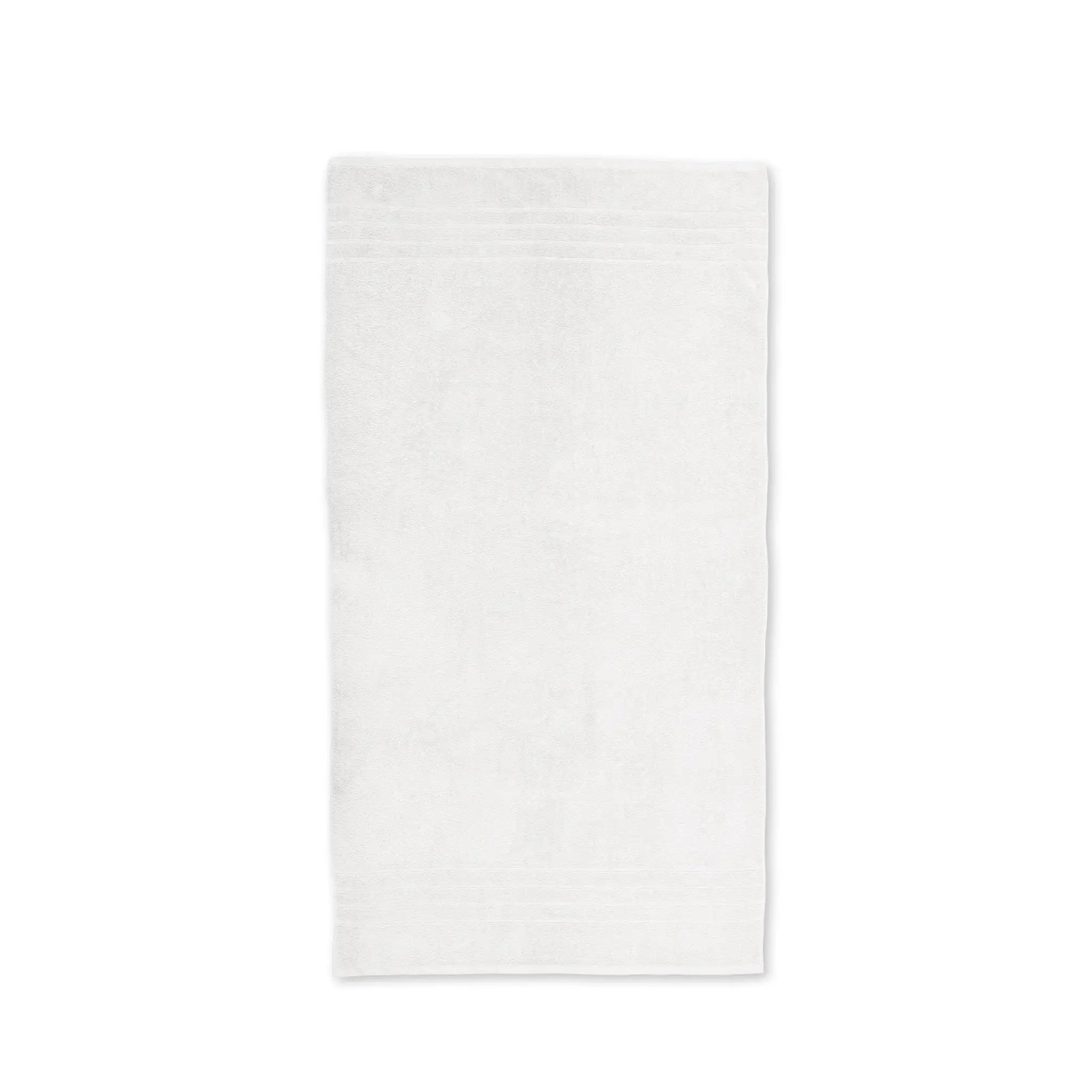 A white bath towel laid flat on a clean white background.