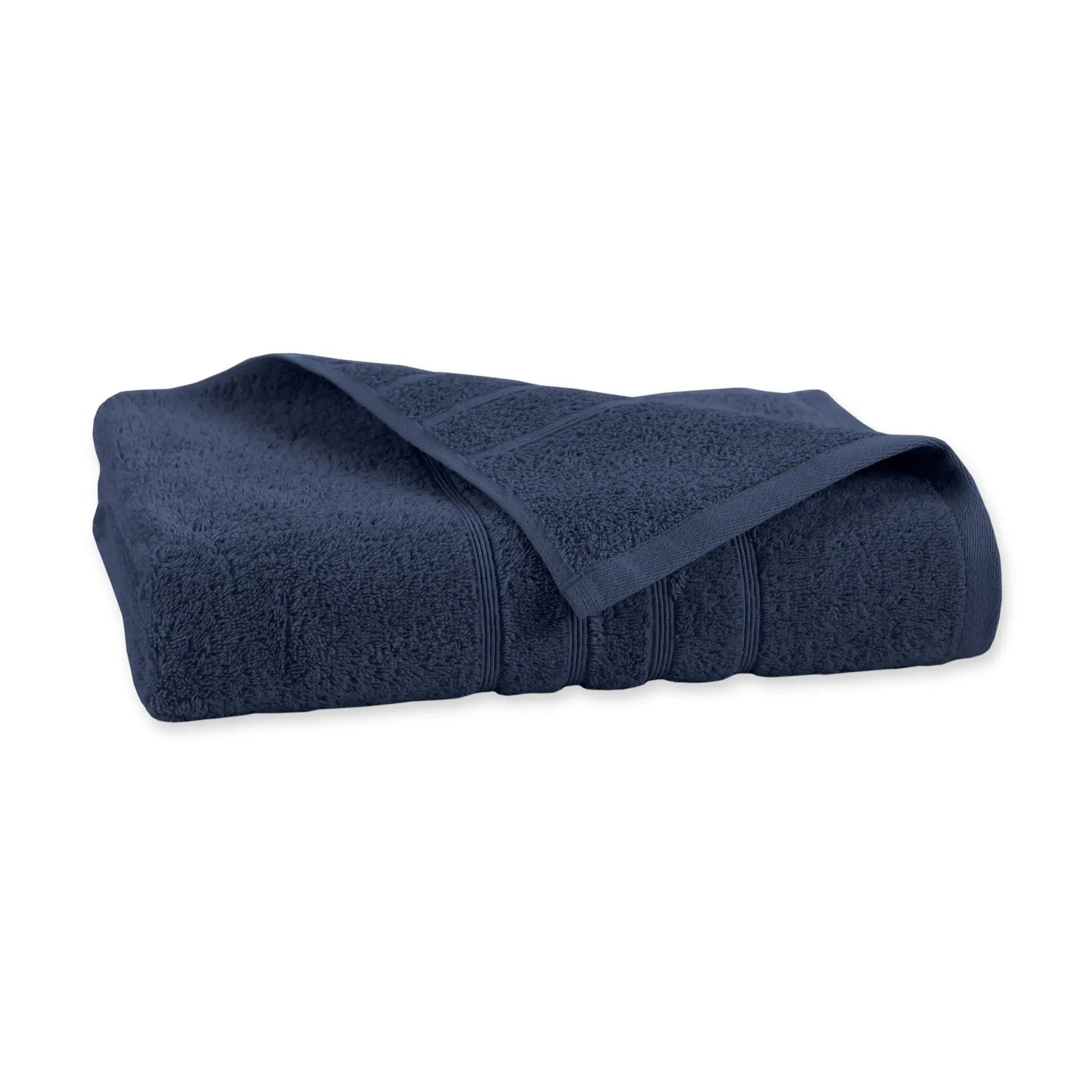 Folded estate blue bath towel on a white background