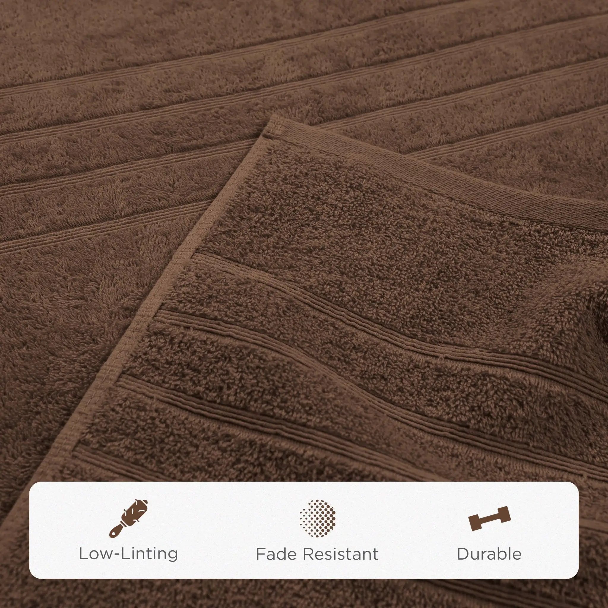 Chocolate colored bath sheet with texture details and feature icons at the bottom
