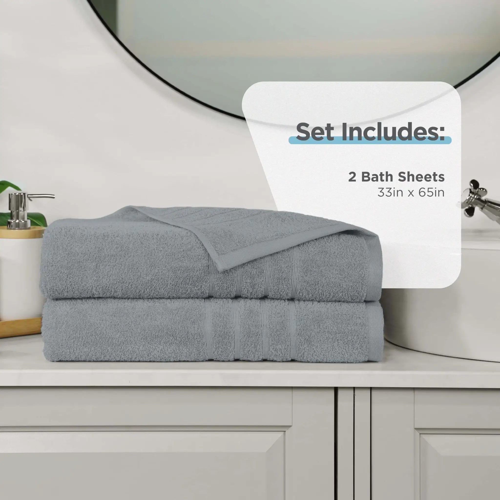 Gray bath sheets on a bathroom counter with product details overlay.