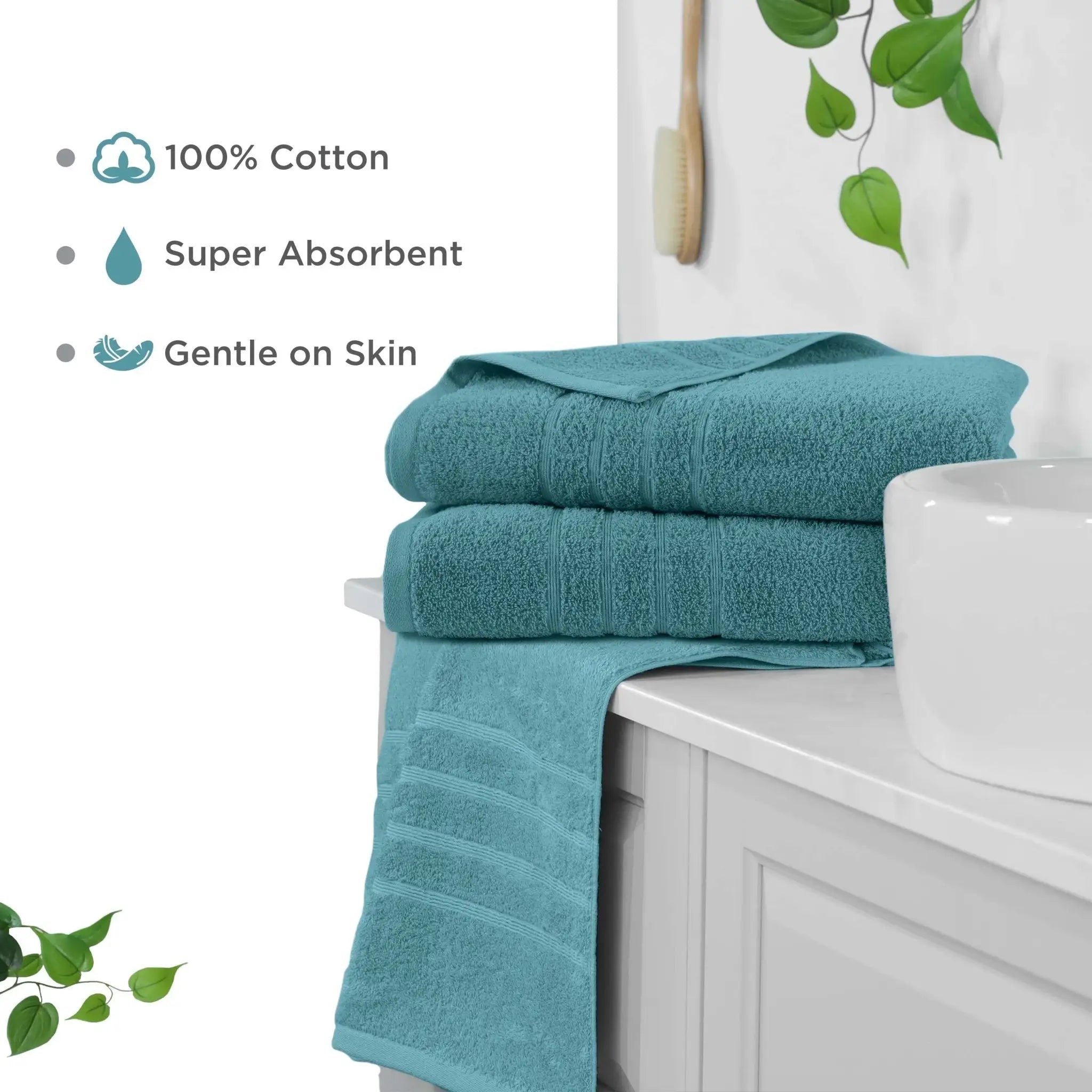 Teal bath sheets on a white cabinet with text highlighting features like 100% cotton, super absorbent, and gentle on skin.