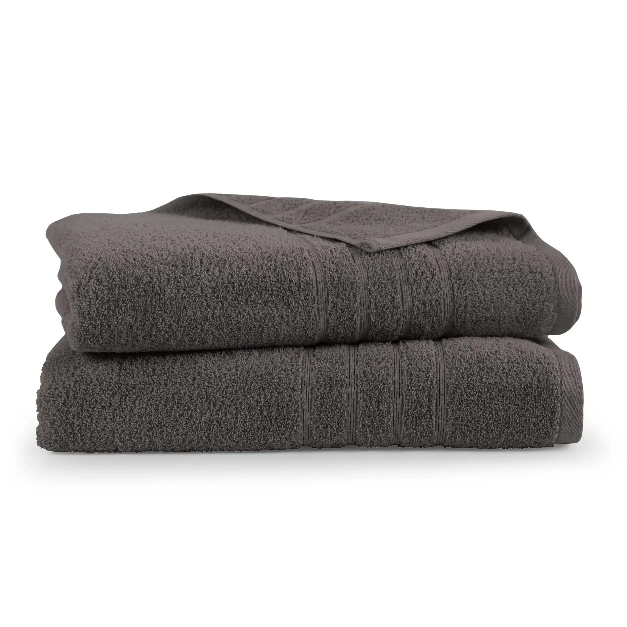 Two folded dark gray bath sheets on a white background