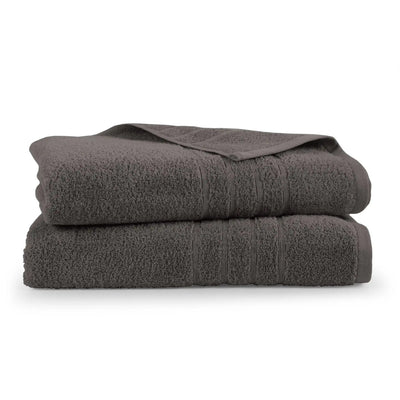 Two folded dark gray bath sheets on a white background