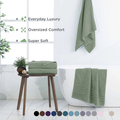 Sage bath sheets displayed in a bathroom setting with text highlighting features.