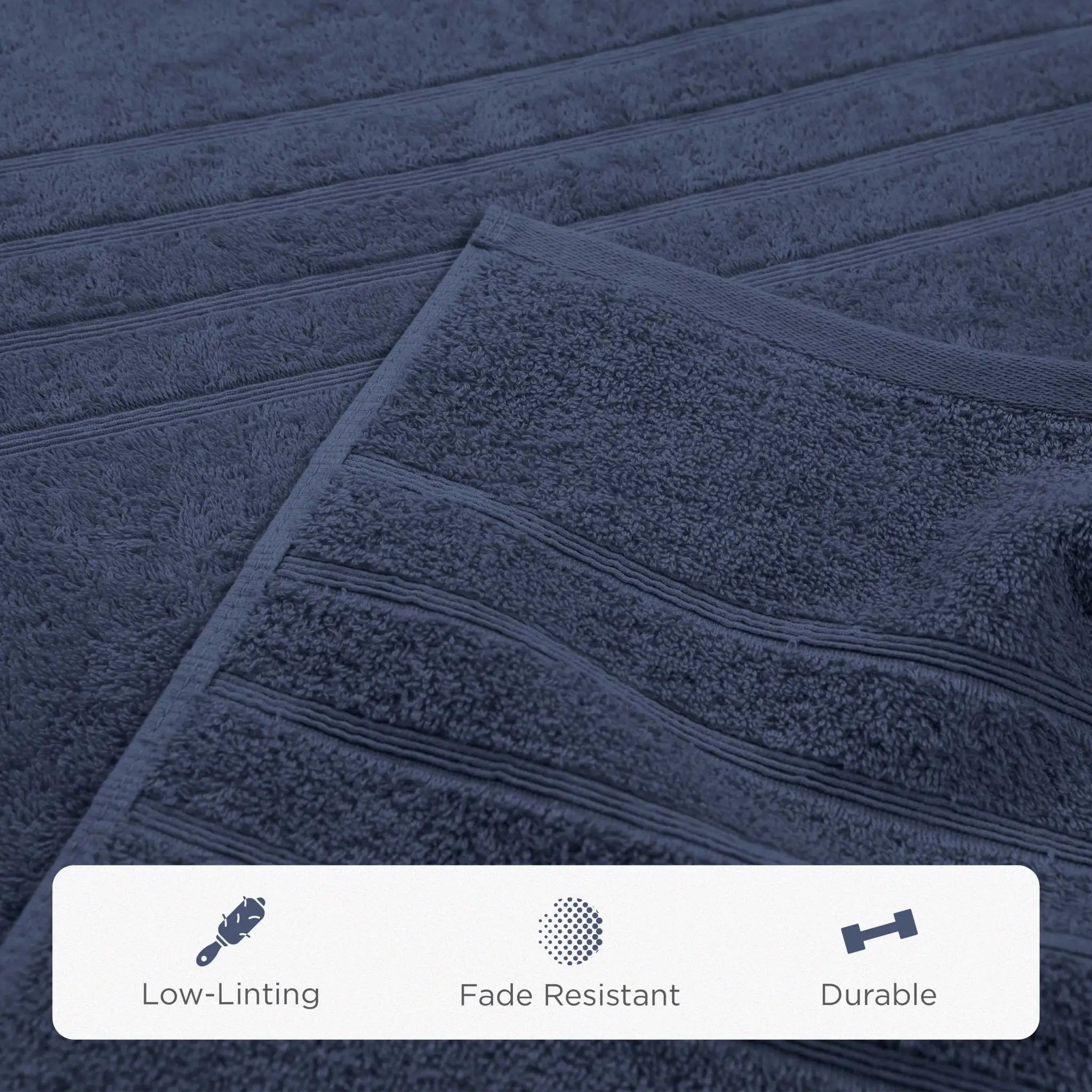 Estate blue bath sheet with texture details and feature icons at the bottom